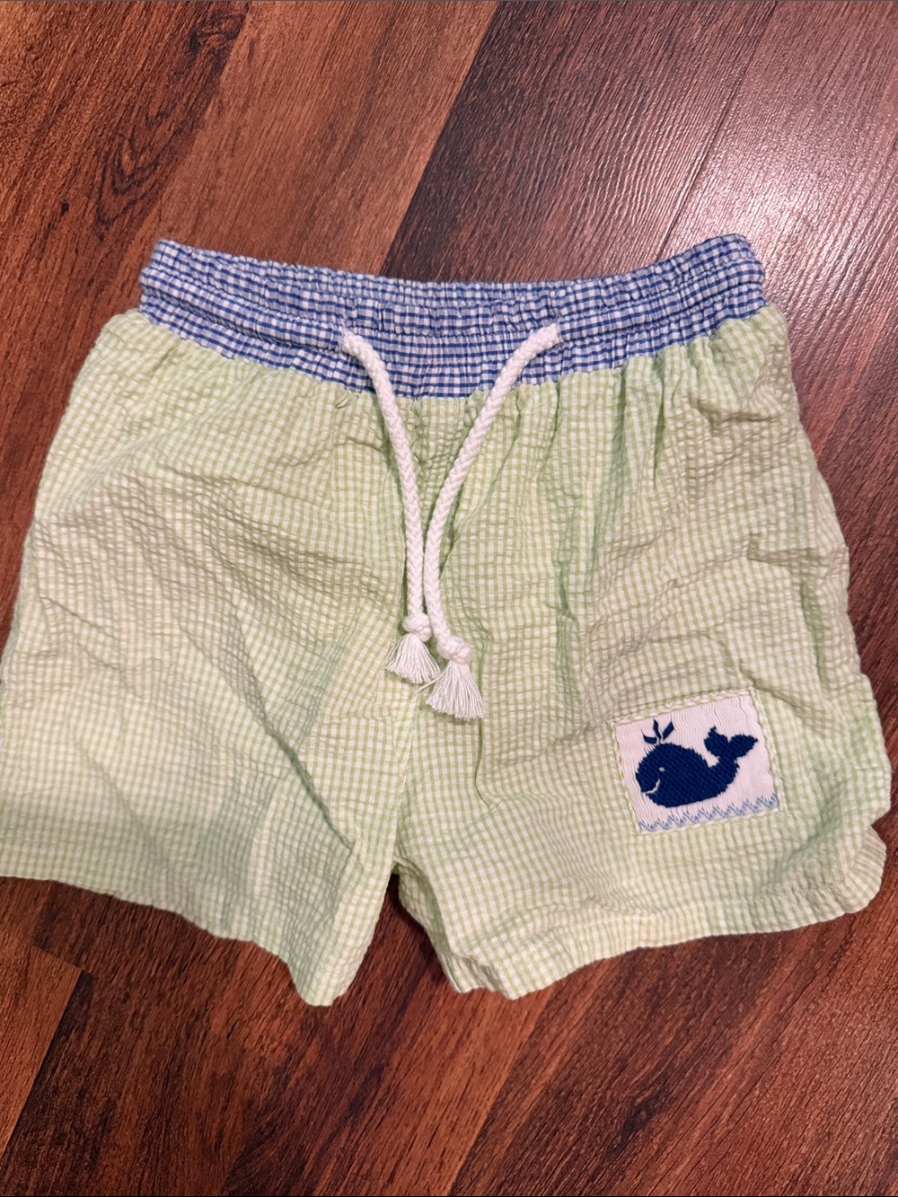 Light Green Seersucker Kids Swim Trunks with Whale Patch